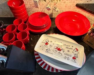 Disney Mickey Mouse Sketchbook Christmas Serving Platter and Red Dinnerware Set