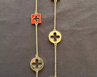 Gold-Tone Clover Station Necklace with Red Enamel Accents