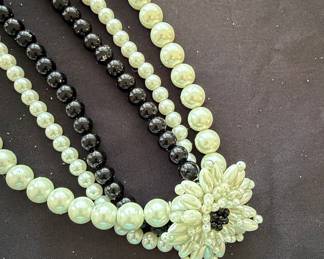 Vintage Multi-Strand Faux Pearl and Black Bead Floral Statement Necklace