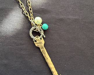 Key Charm Necklace with Turquoise and Pearl Accents
