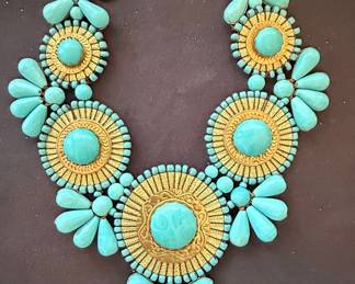 Turquoise and Gold Tone Sunburst Bib Necklace