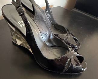 Stuart Weitzman Black Patent Leather Slingback Wedge Heels