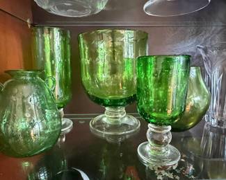 Mid-Century Blown Green Glassware Set with Goblets and Vase