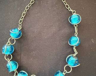 Blue Foil Glass Bead Necklace