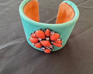 Turquoise and Coral Flower Cuff Bracelet
