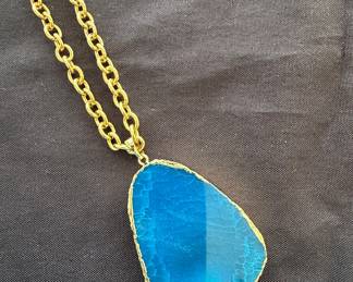 Dyed Blue Agate Slice Pendant Necklace with Gold-Tone Chain