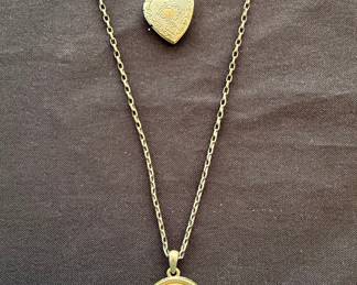 Vintage Gold Coin Pendant and Heart Locket Necklace