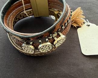 Multi-Strand Faux Leather and Rhinestone Cuff Bracelet with Tassel