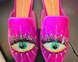 Kurt Geiger London "The Good Eye" Fuchsia Velvet Mules