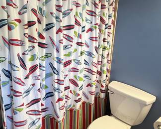 Surfboard Print Shower Curtain with Striped Ruffle