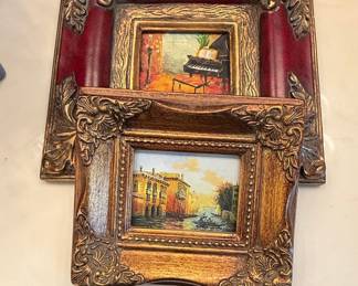 Pair of Miniature Venetian Canal and Grand Piano Oil Paintings in Ornate Frames