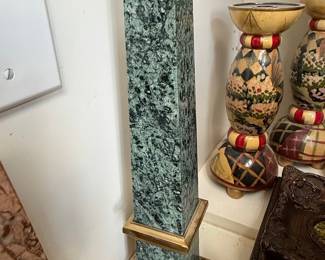 Vintage Green Marble Obelisk with Brass Accents