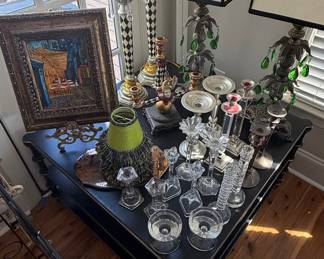 Assorted Crystal and Glass Candlesticks with MacKenzie-Childs Courtly Check Lamps and Decor