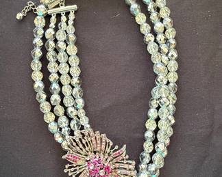 Vintage Multi-Strand Crystal and Pink Rhinestone Flower Brooch Necklace