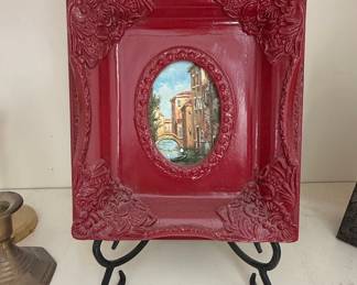Ornate Red Baroque Style Picture Frame with Venetian Canal Scene