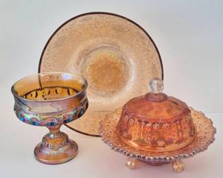47 IridescentAmberCarnivalGlassServingLot