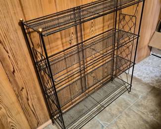 156 MidCenturyBlackIronWireShelf3TierStoragewithBrassAccents