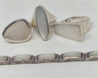 158 ModernistSterlingSilverRingsMotherofPearlBraceletSet