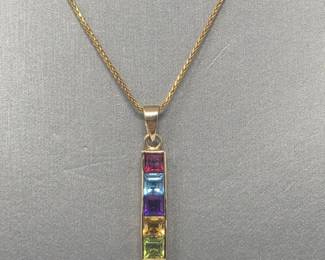 3 14kGoldRainbowGemstoneBarPendantNecklace