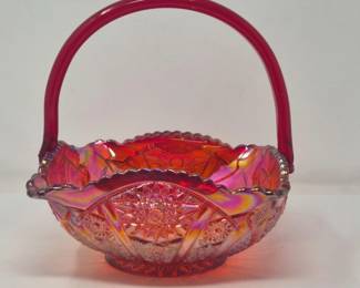 161 RedIridescentCarnivalGlassRuffleBasketVase