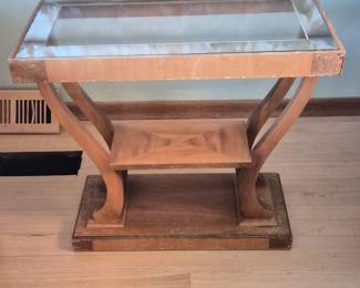 105 ArtDecoStyleGlassTopSideTablewithGeometricWoodBaseandShelf
