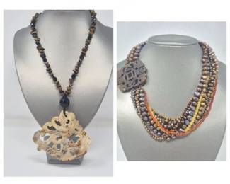 113 DuoArtisanNecklaceSetwithCarvedStoneTigerEye