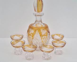 21 VintageBohemianAmberCuttoClearCrystalDecanterCordials