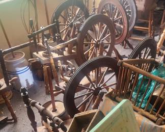 Large Collection of Antique Spinning Wheels & Textile Tools