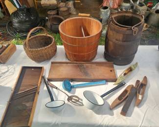 Wooden Well Bucket, Slaw Cutters & Etc.