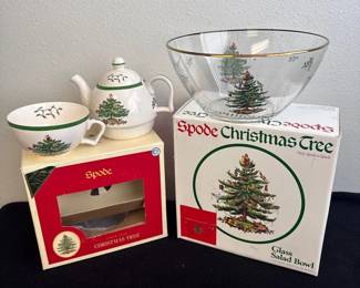 SPODE Christmas Tree Glass Salad Bowl, Teapot & Cup