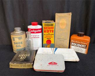 Lot of Unique Vintage Metal Containers * Esquire Scuff Kote * Cinderella Leather Cream * Polident