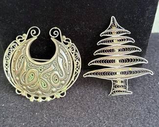 Vintage 2” Brooch Of Sterling Silver? Islamic Crescent * Filigree Metal Christmas Fir Tree Pin