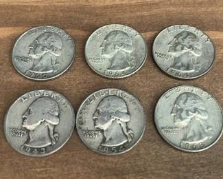 6 United States Silver Quarters * 1943-1964 * Coins