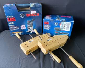 Brand New In Box * Bosch * Palm Router and 5” Orbit Sander W/ 2 Craftsman Wood Clamps