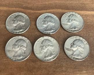 6 United States Silver Quarters * 1964 * Coins