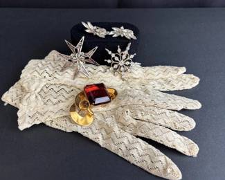 3 Vintage Brooches * Crystal Clip on Earrings * Vintage Lace Ladies Gloves