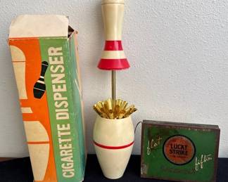 Vintage Bowling Pin Cigarette Dispenser & Lucky Strike Tin