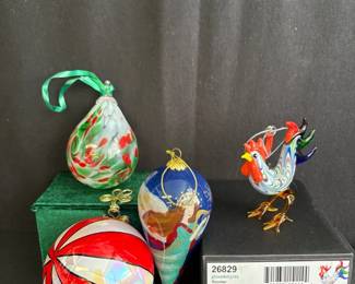 3 Art Glass Christmas Ornaments and 1 Awesome Glass Rooster