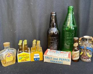 Collection of Glass Bottles * Salt and Pepper * Miniature Corona & Cerveza * Schliff * 7-up * IBC