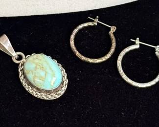 Fabulous 925 Mexico Sterling Silver Stone Pendant * Possibly Silver Hoop Earrings