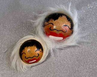 2 Cute Eskimo Wooden Faced Pins With Fur Trim