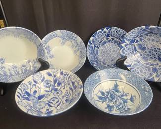 6~ Blue And White 8” Serving Bowls W Floral Motifs