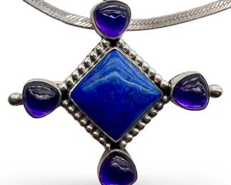 Sterling Silver Amethyst Lapis Pendant Necklace