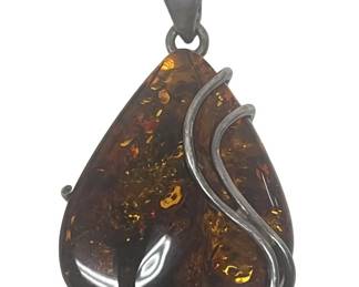 Sterling Teardrop Cognac Amber Wire Wrap Pendant