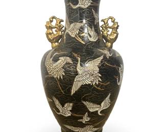 Vintage Black & Gold Crane Motif Ceramic Vase