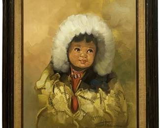 Signed Stone Native American Child Oil on Canvas