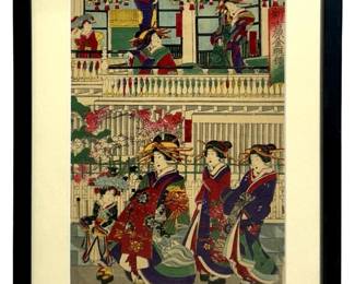 Framed Japanese Meiji Woodblock Print Triptych