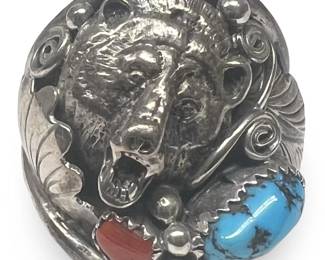 Running Bear Sterling Silver Turquoise Coral Ring