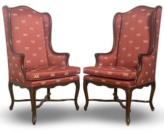 Pair Louis XV Style Dragonfly Upholstered Wingback
