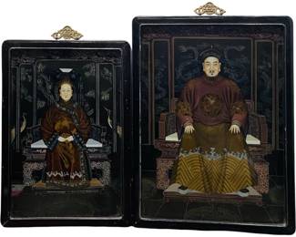 Set (2) Antique Reverse Glass Painting of Emperors